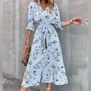 Button Through Striped And Floral Belted Dress